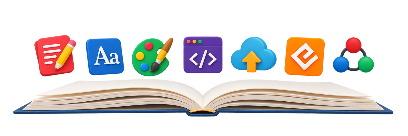 Icons representing editing, typography, design, coding, cloud delivery, ePub and distribution