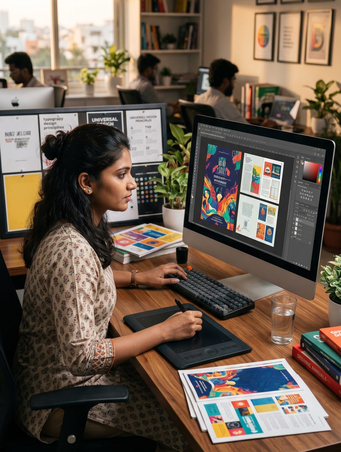 A Vivlio designer working on page layouts in the Coimbatore studio